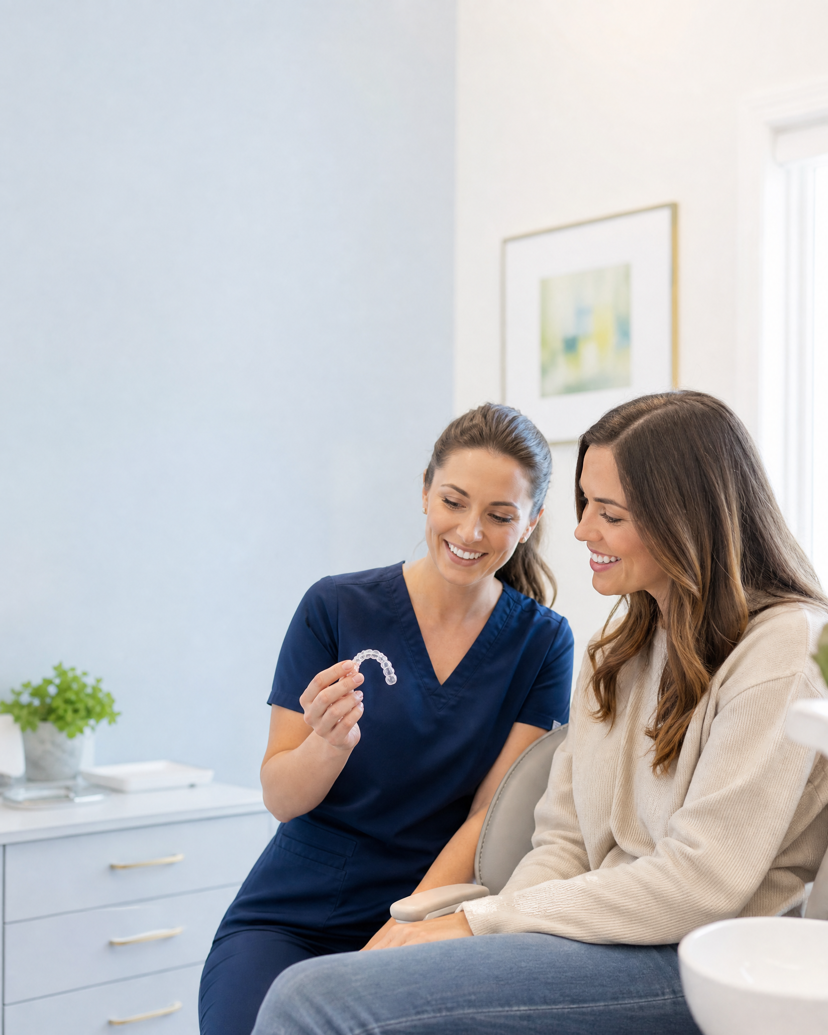 Dental professional and patient discussing a clear aligner during a consultation