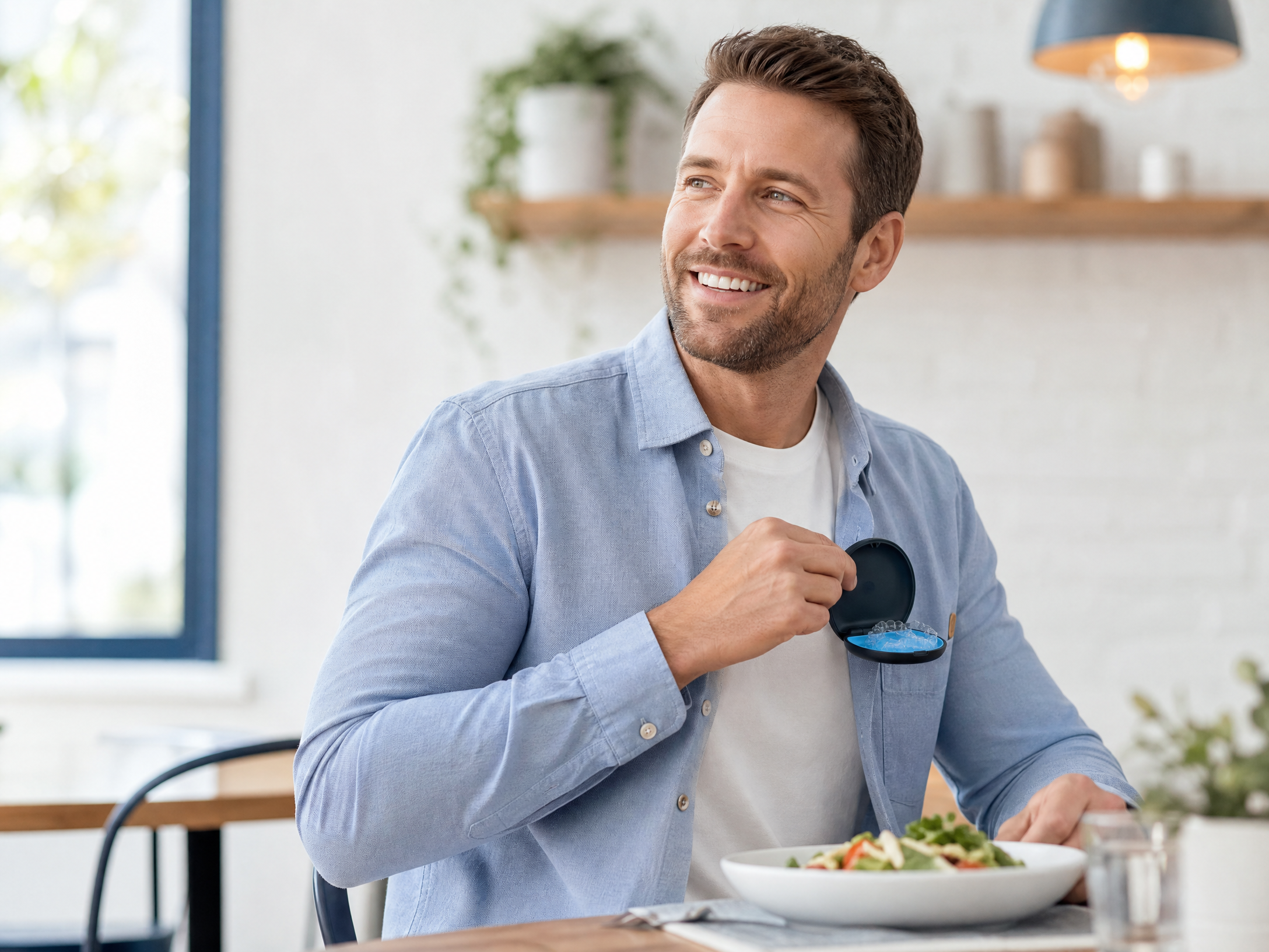 Adult smiling at a table while using a clear-aligner case before a meal